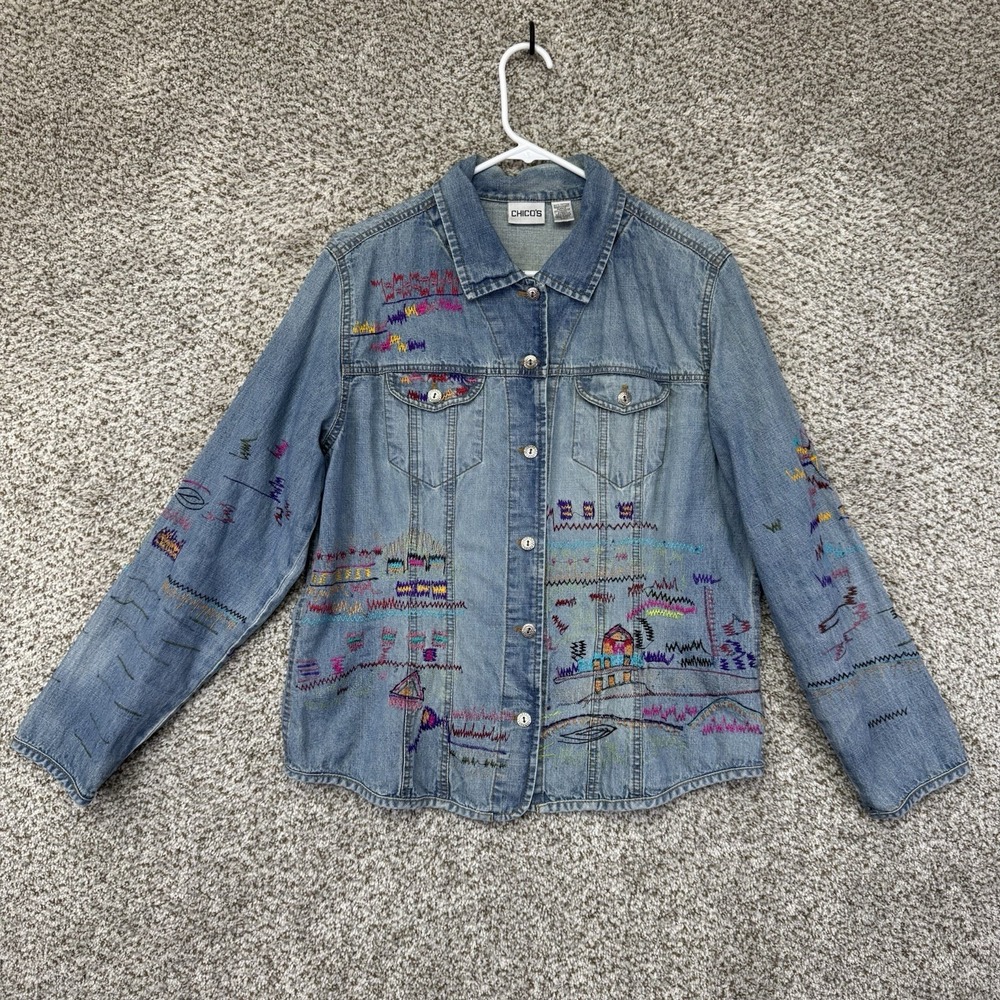 VTG 90s Chicos Denim Jacket Women's Size 2 Blue Embroidered AOP Stitching‎ Aztek